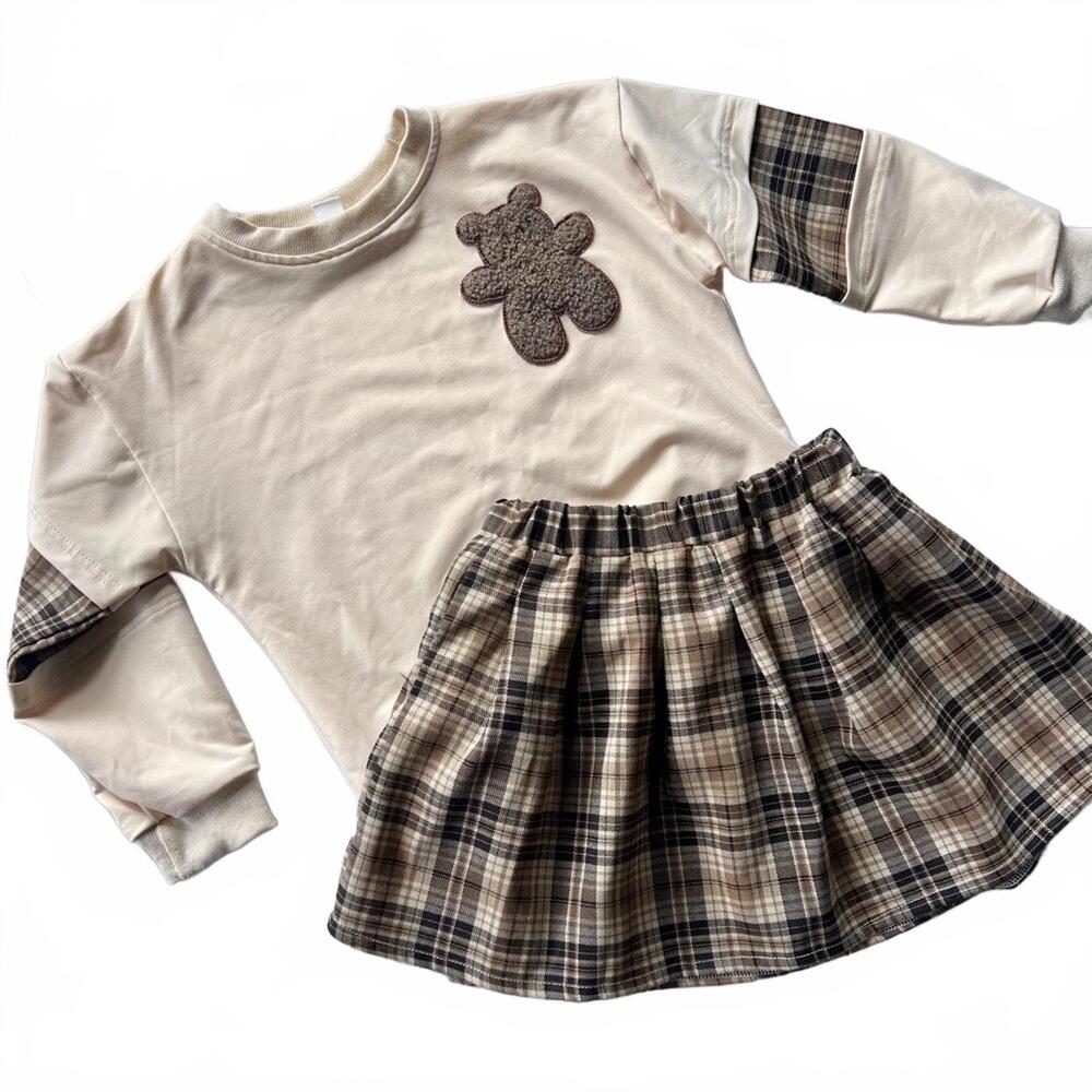 EUC Shein Tween Girls 2pc Brown/Cream Tartan Skirt/Pullover Set ~ Size 140